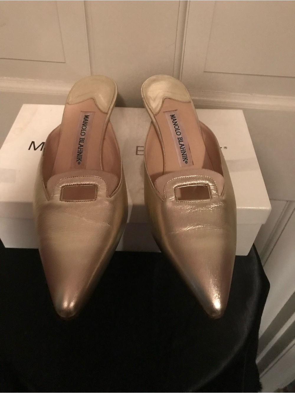 Manolo Blahnik Metallic Gold Pointed Mule with Buckle Detail